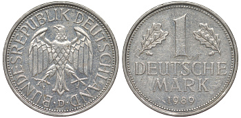 ФРГ 1 марка 1989 D KM 110, J 385 медно-никель 25-2117