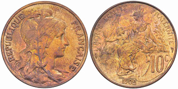 ФРАНЦИЯ 10 САНТИМОВ 1902 ТИП ДАНИЭЛЬ ДЮПЮИ KM 843, LA FRANC 136.12 бронза 109-212