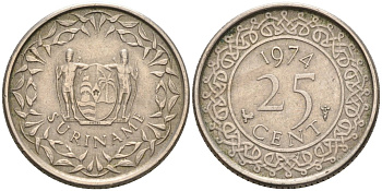 Суринам 25 центов 1974 KM 14 медно-никель 4585-965