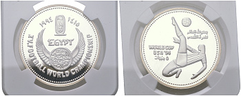 Египет 5 фунтов 1994 15 Чемпионат мира по футболу в США, удар через себя, в слабе NGC PF 69 ULTRA CAMEO KM 738 серебро  PROOF  00-000-00