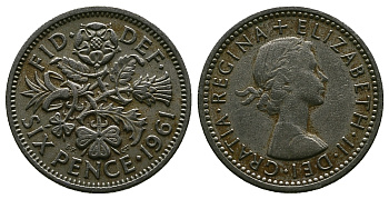 Великобритания 6 пенсов 1961 Елизавета II (1952-2022) KM 903, Spink 4149 медно-никель 4381-736