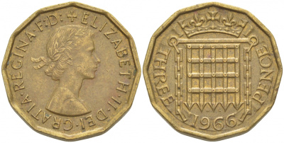 Великобритания 3 пенса 1966 Елизавета II (1952-2022) KM 900, Spink 4153 никель латунь 212-1242