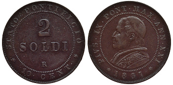 Ватикан 2 сольди = 10 центов 1867 R Пий IX KM 1373 (C183) медь 1521-311