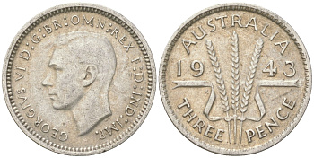 Австралия 3 пенса 1943 Георг V (1936-1952) KM 37 серебро 4621-1155
