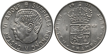 Швеция 1 крона 1973 Густав VI Адольф (1950-1973) KM 826а медь плакированная медно-никелем 4577-816