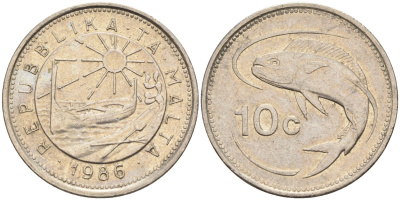 Мальта 10 центов 1986 золотая макрель KM 76 медно-никель 4588-156