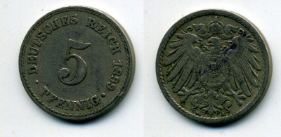 ГЕРМАНИЯ 5 ПФЕННИГОВ 1899 A, KM 11, J. 12 медно-никель 58-326