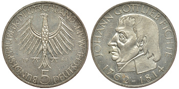 ФРГ 5 марок 1964 J, 150 лет со дня смерти Иоганна Готлиба Фихте J. 393, KM 118.1 серебро aUNC 3896-1233