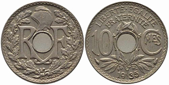 ФРАНЦИЯ 10 САНТИМОВ 1935 ТИП ЛИНДАЙЁ KM 866а, LE FRANC 138.22 медно-никель 108-223