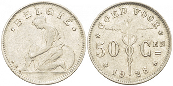 БЕЛЬГИЯ 50 САНТИМОВ 1928 BELGIE KM 88 никель 261-1163
