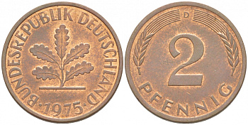 ФРГ 2 ПФЕННИГА 1975 D KM 106a, J.381a сталь плакированная сталь плакированная медьюю 4532-512