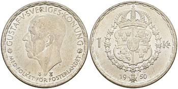 Швеция 1 крона 1950 TS, Густав VI Адольф (1950-1973) KM 814 серебро UNC 3851-925