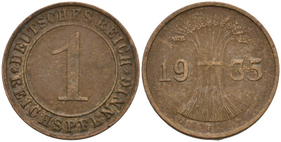 Германия 1 рейхспфенниг 1935 F KM 37, J. 313 бронза 4124-669