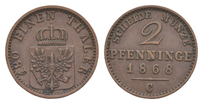 Пруссия 2 пфеннига 1868 C, Вильгельм I (1861-1888) KM 481, Jaeger 51, AKS 107, Olding 425 медь 4651-322