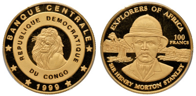 ДР Конго 100 франков 1999 Сэр Генри Мортон Стэнли, в слабе PCGS PR 69 DCAM, Probe, пробник KM  позолота  PROOF  15-007-19