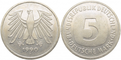 ФРГ 5 МАРОК 1990 J, J. 415, KM 140.1 медно-никель плакированный никелем 109-912