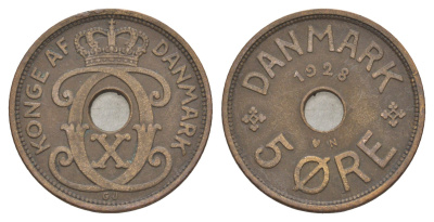 Дания 5 эре 1928 N, Кристиан X (1912-1947) KM 828 бронза 4638-557