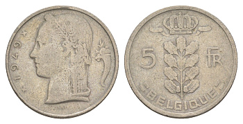 Бельгия 5 франков 1949 Belgique, Леопольд III (1934-1951) KM 134 медно-никель 4539-141