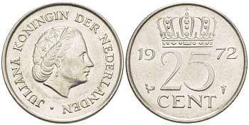 Нидерланды 25 центов 1972 Юлиана (1948-1980) KM 183 никель 214-964