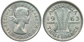 Австралия 3 пенса 1963 m, Елизавета II (1952-2022) KM 57 серебро 71-844