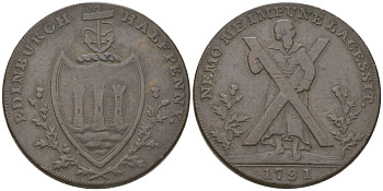 Великобритания, Эдинбург (Лотиан) 1/2 пенни 1791 Святой Андрей, герб Эдинбурга, гурт надпись Dalton Hammer 31-40 медь 4511-355