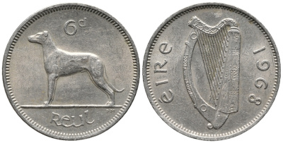 ИРЛАНДИЯ 6 ПЕНСОВ 1968 СОБАКА KM 13а медно-никель 34-923