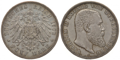 Вюртемберг 5 марок 1902 F, Вильгельм II (1891-1918) Weege 172, J. 176, KM 632 серебро 1067-1-42