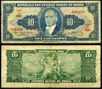 Бразилия 10 крузейро 1961 серия 490, Estampa 1A, signatures: Carlos Augusto Carrilho & Clemente Mariani Pick 167а бумага 6278-64-3-2