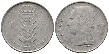 БЕЛЬГИЯ 1 ФРАНК 1960 BELGIQUE KM 142.1 медно-никель 4382-921