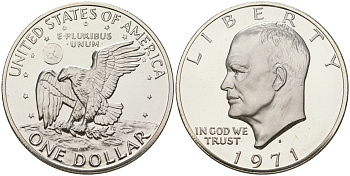 США 1 доллар 1971 S, Президент Эйзенхауэр, лунный орел KM 203a серебро  PROOF 1095-7-63
