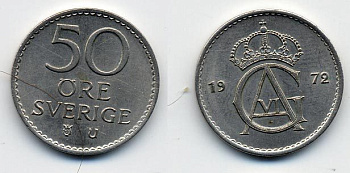Швеция 50 эре 1972 Густав VI Адольф (1950-1973) KM 837 медно-никель 23-926