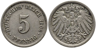 ГЕРМАНИЯ 5 ПФЕННИГОВ 1906 E KM 11, Jager 12, Weege 6 медно-никель 4547-452