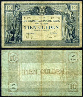 Нидерланды 10 гульденов 1904 (1921) серия VF Pick 34, Akkermans 25.4b бумага 10-2-15-2