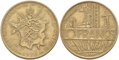Франция 10 франков 1978 тип Матье KM 940, Le Franc 365.11-12 никель латунь 4402-1142