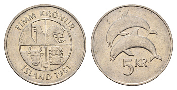 Исландия 5 крон 1981 дельфины KM 28 медно-никель 4591-857