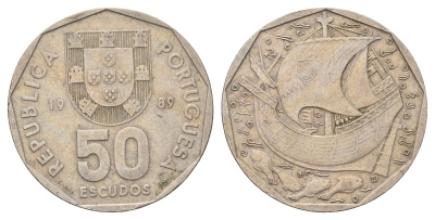 Португалия 50 эскудо 1989 парусник KM 636 медно-никель 4137-521