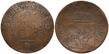 Пруссия 1 пфенниг 1848 D, Фридрих Вильгельм IV (1840-1861) KM 451 медь 4549-515