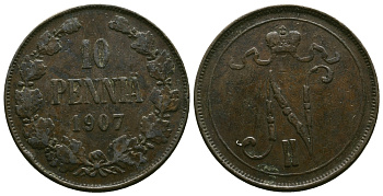 РОССИЯ ДЛЯ ФИНЛЯНДИИ 10 ПЕННИ 1907 Биткин 430 медь 4381-124