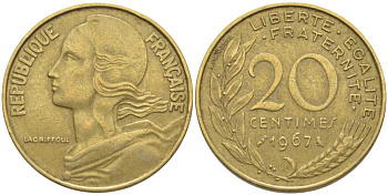 ФРАНЦИЯ 20 САНТИМОВ 1967 ТИП MARIANNE KM 930, LE FRANC 156.7 медь алюминий никель 175-826