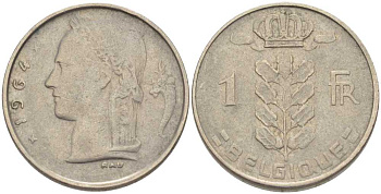 БЕЛЬГИЯ 1 ФРАНК 1964 BELGIQUE, БОДУЭН I (1951-1993) KM 142.1 медно-никель 202-1023