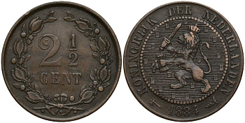 НИДЕРЛАНДЫ 2 1/2 ЦЕНТА 1884 ВИЛЬГЕЛЬМ III (1849-1890) KM 108 бронза 27-335