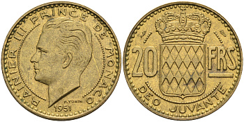 Монако 20 франков 1951 Ренье III (1949-2005) KM 131 алюминиевая бронза   4142-114