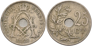 Бельгия 25 сантимов 1921 BELGIE KM 69 медно-никель 4117-1133