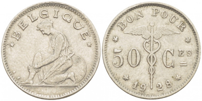 БЕЛЬГИЯ 50 САНТИМОВ 1928 BELGIQUE KM 87 никель 261-1625