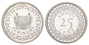 Суринам 25 центов 2007 тираж 1000 экземпляров KM 14a медно-никель BU 4625-349