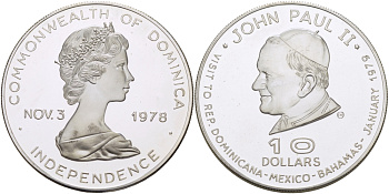 Доминика 10 долларов 1979 визит Папы Иоанна Павла II, тираж 3450 экземпляров KM 16 серебро PROOF 01-171-23