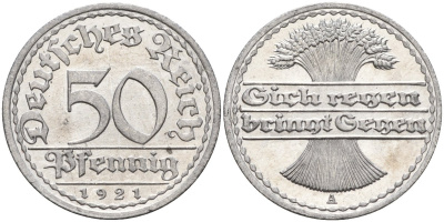 Германия 50 пфеннигов 1921 A KM 27, J.301, Weege 10 алюминий UNC 4584-817