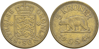 Гренландия 5 крон 1944 медведь, датская колония, Кристиан X (1912-1947) КМ 9 бронза 1520-434