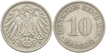 Германия 10 пфеннигов 1909 D KM 12, Jager 13, Weege 8 медно-никель 219-147