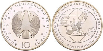 ФРГ 10 евро 2002 F, введение европейской валюты KM 215, DE.S. 10.1 серебро PROOF 1085-5-31